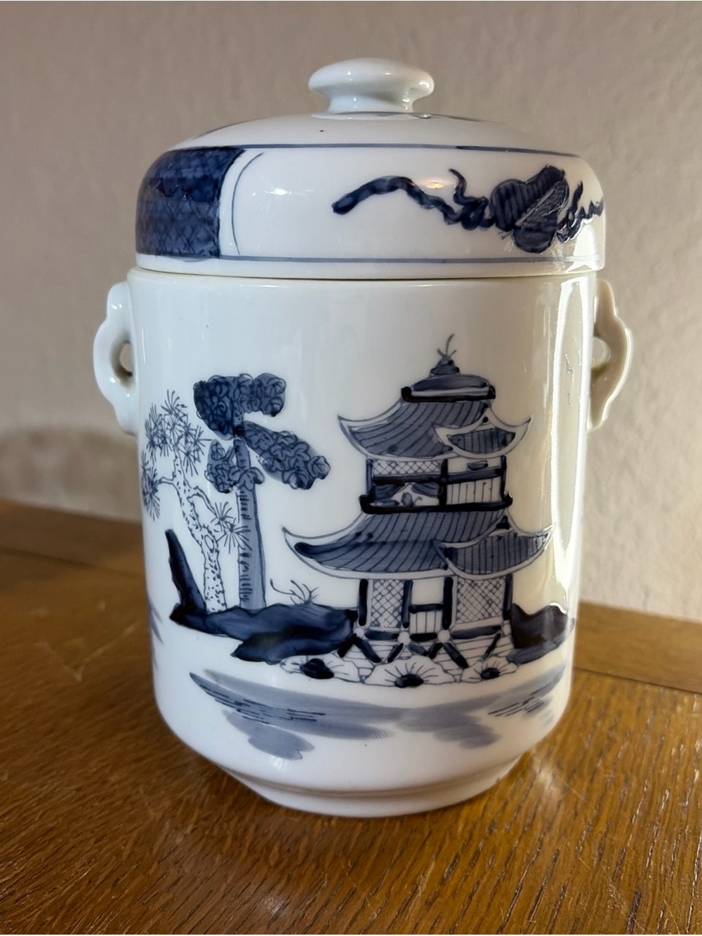 Vintage Japanese Hand Painted Blue White Porcelain Tea Ginger Caddy Container